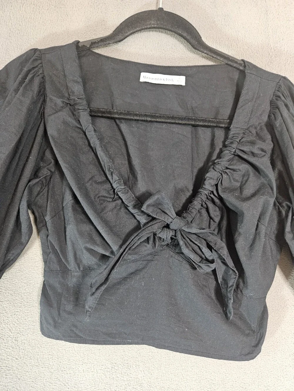 Abercrombie Fitch Womens Small Crop Shirt Bubble Puff Half Sleeve Vneck Bow